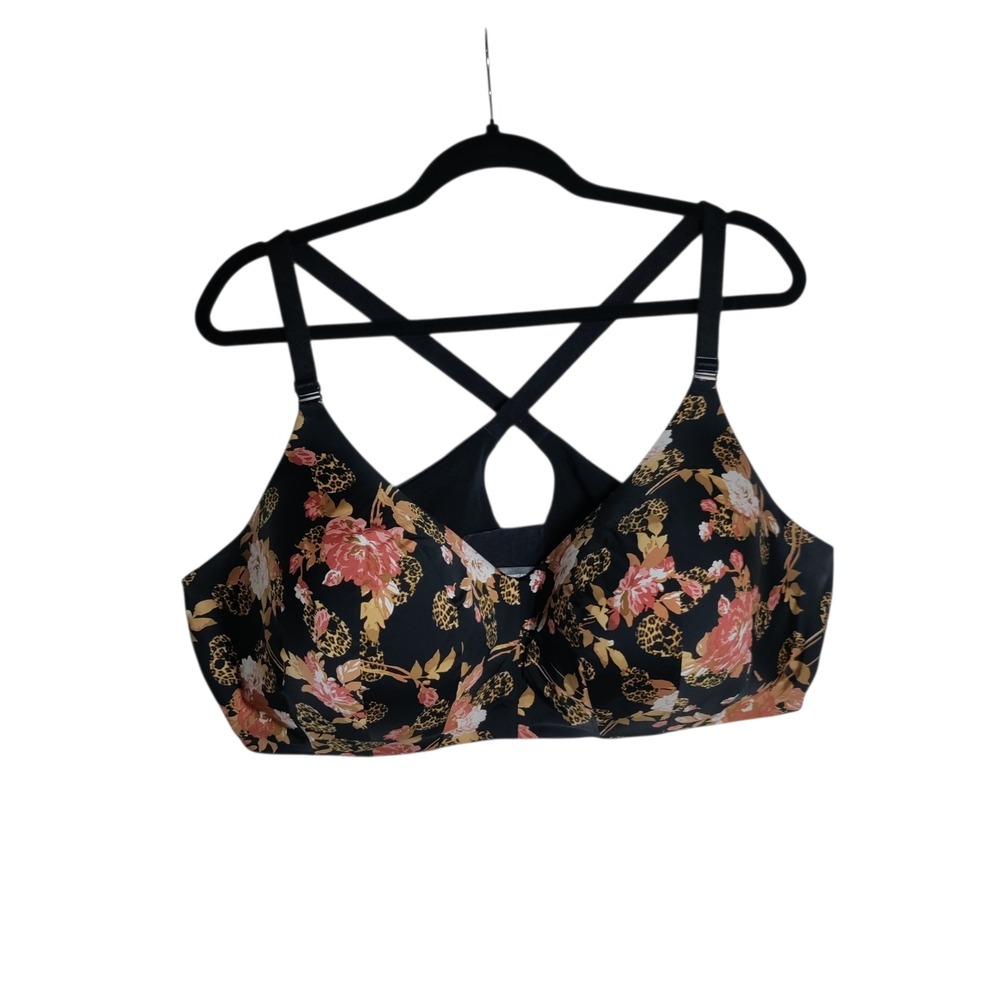 Torrid Curve Black Floral Leopard Wire-Free Lightly Lined Bra 46DD Lace Back - Picture 2 of 7